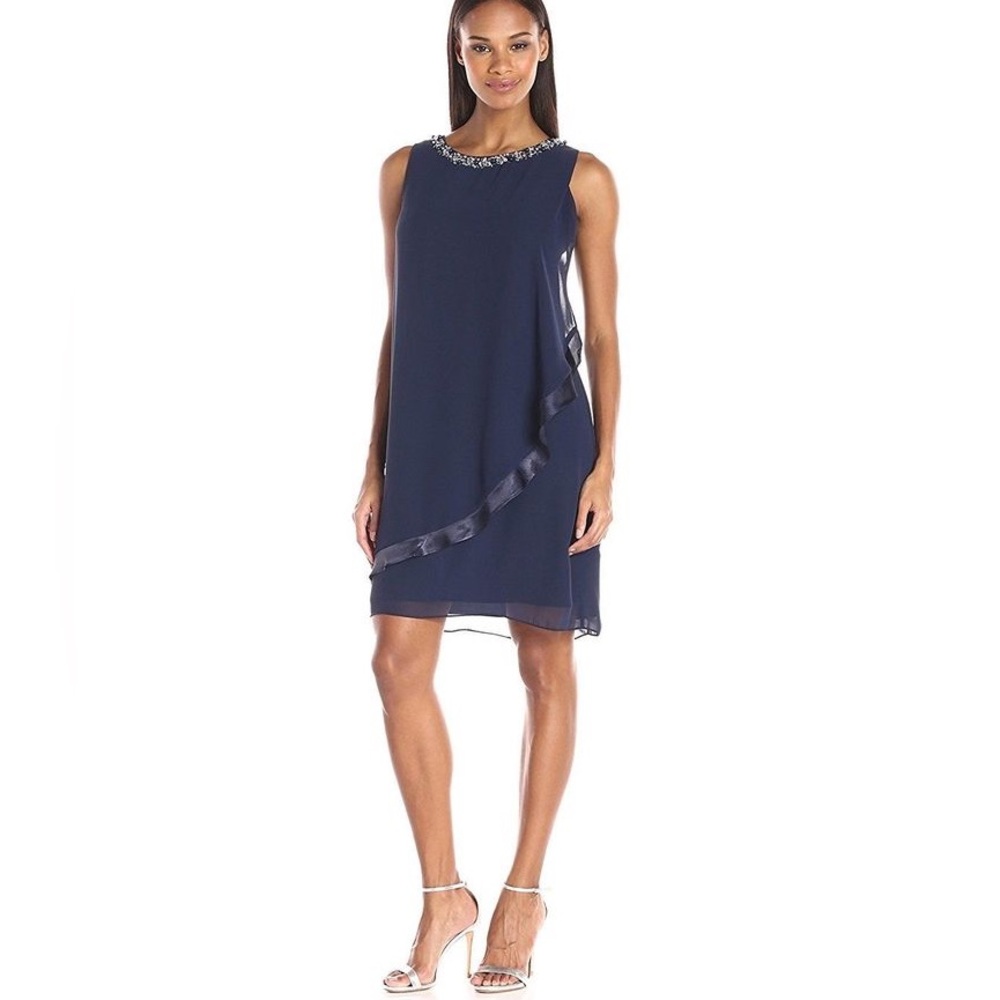 NWOT SLNY Navy blue sleeveless beaded neckline chiffon overlay size 14